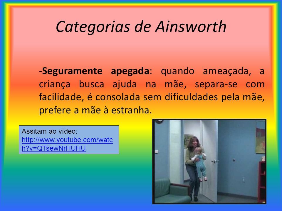 Categorias de Ainsworth -Seguramente apegada: quando ameaçada, a criança busca ajuda na mãe, separa-se com facilidade, é consolada sem dificuldades pela mãe, prefere a mãe à estranha.