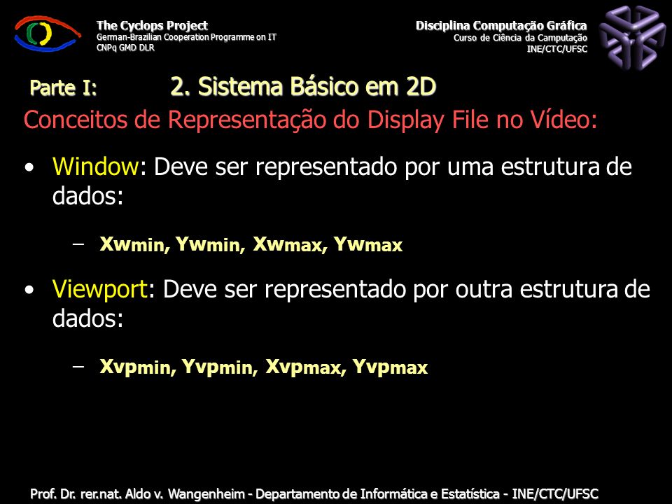 Disciplina Computação Gráfica Curso de Ciência da Camputação INE/CTC/UFSC The Cyclops Project German-Brazilian Cooperation Programme on IT CNPq GMD DLR Prof.