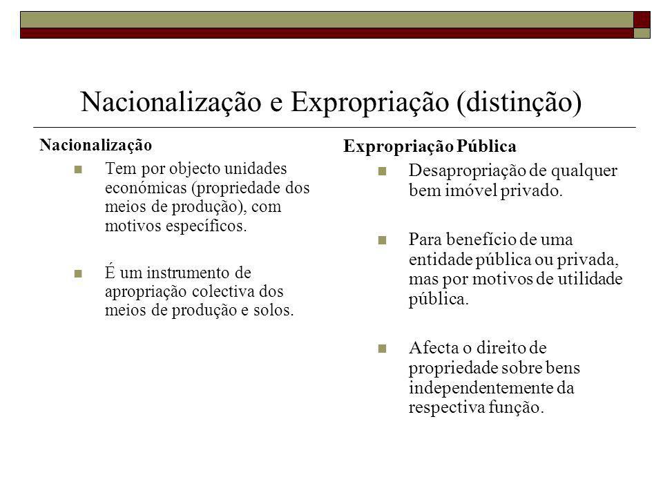 Nacionalização e Expropriação (distinção) Nacionalização Tem por objecto unidades económicas (propriedade dos meios de produção), com motivos específicos.