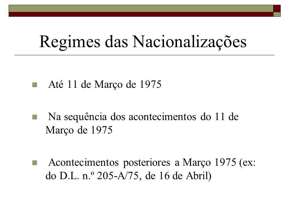 Regimes das Nacionalizações Até 11 de Março de 1975 Na sequência dos acontecimentos do 11 de Março de 1975 Acontecimentos posteriores a Março 1975 (ex: do D.L.