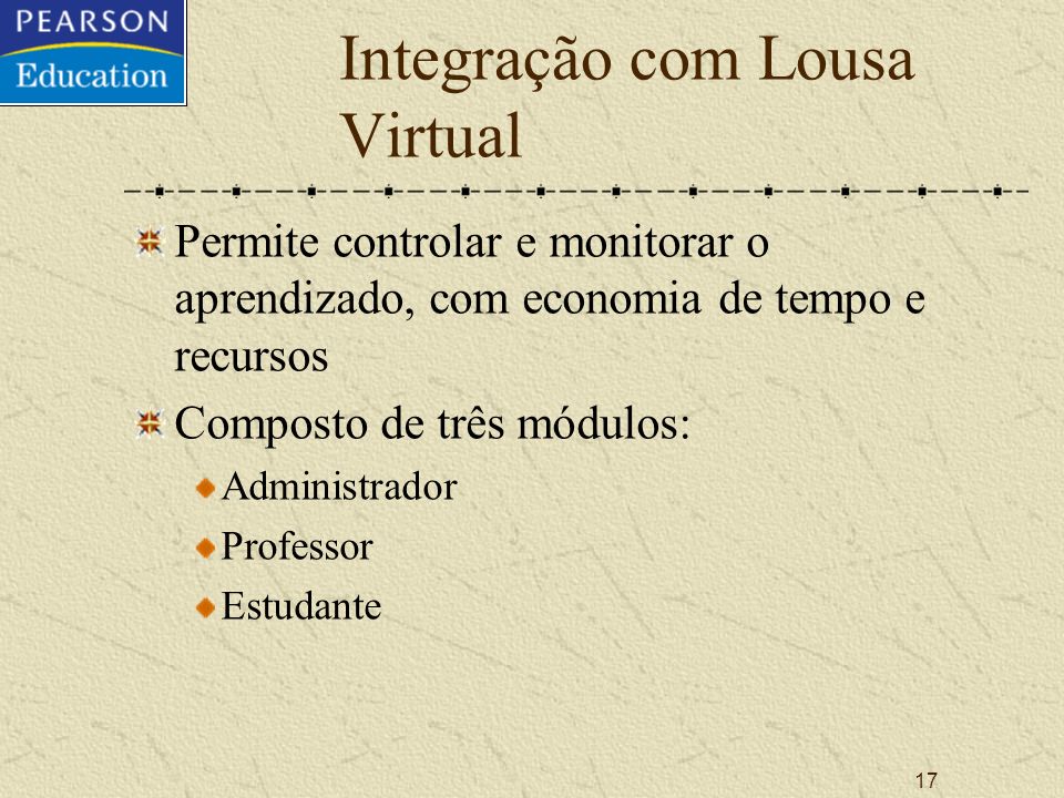 17 Integração com Lousa Virtual Permite controlar e monitorar o aprendizado, com economia de tempo e recursos Composto de três módulos: Administrador Professor Estudante