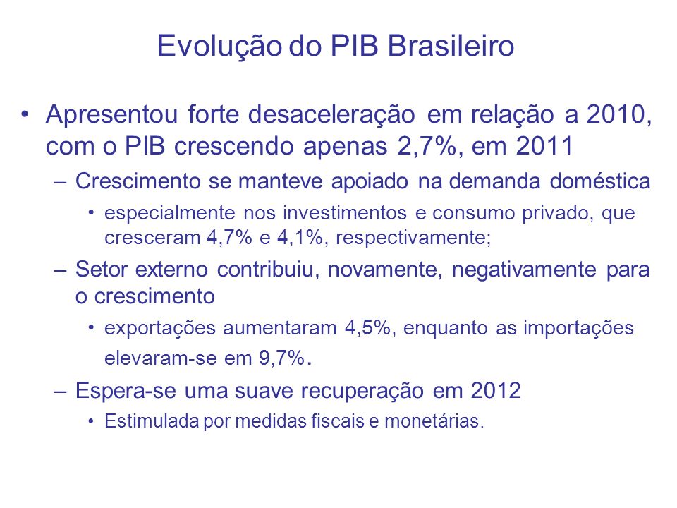 Evolução do PIB Brasileiro Apresentou forte desaceleração em relação a 2010, com o PIB crescendo apenas 2,7%, em 2011 –Crescimento se manteve apoiado na demanda doméstica especialmente nos investimentos e consumo privado, que cresceram 4,7% e 4,1%, respectivamente; –Setor externo contribuiu, novamente, negativamente para o crescimento exportações aumentaram 4,5%, enquanto as importações elevaram-se em 9,7%.