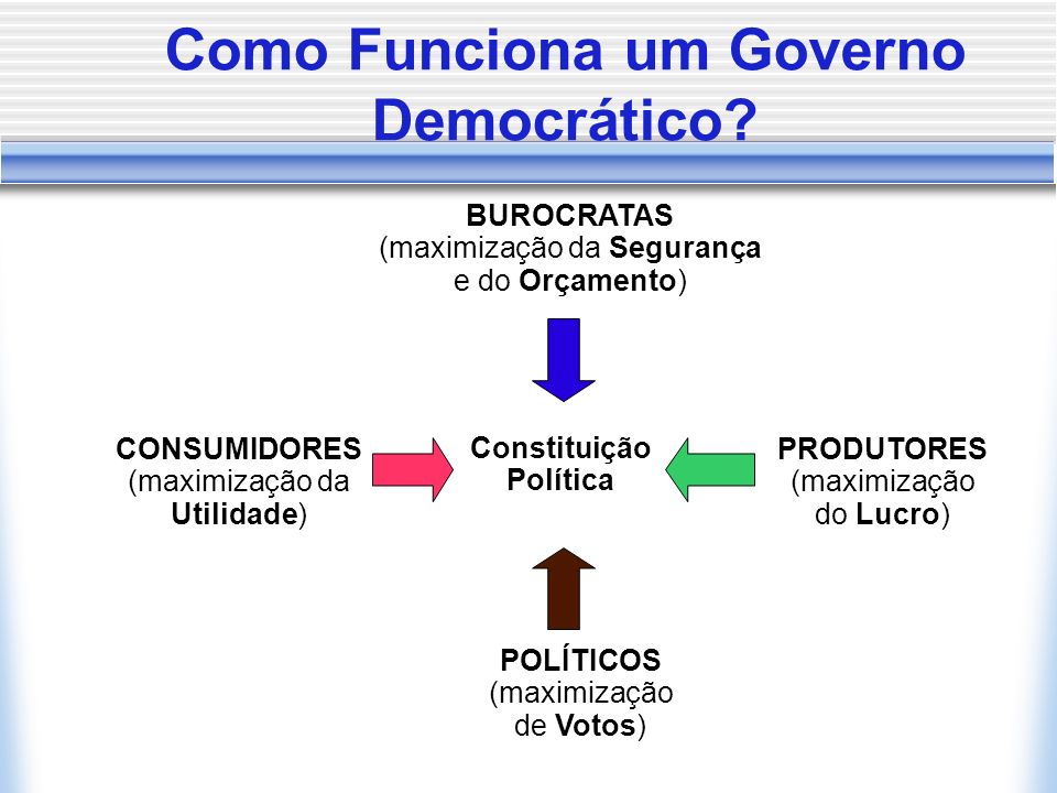 CONSUMIDORES (maximização da Utilidade) POLÍTICOS (maximização de Votos) PRODUTORES (maximização do Lucro) BUROCRATAS (maximização da Segurança e do Orçamento) Constituição Política Como Funciona um Governo Democrático