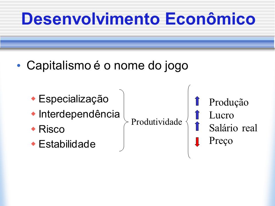 Desenvolvimento Econômico Capitalismo é o nome do jogo Especialização Interdependência Risco Estabilidade Produtividade Produção Lucro Salário real Preço