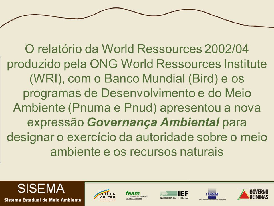 O relatório da World Ressources 2002/04 produzido pela ONG World Ressources Institute (WRI), com o Banco Mundial (Bird) e os programas de Desenvolvimento e do Meio Ambiente (Pnuma e Pnud) apresentou a nova expressão Governança Ambiental para designar o exercício da autoridade sobre o meio ambiente e os recursos naturais