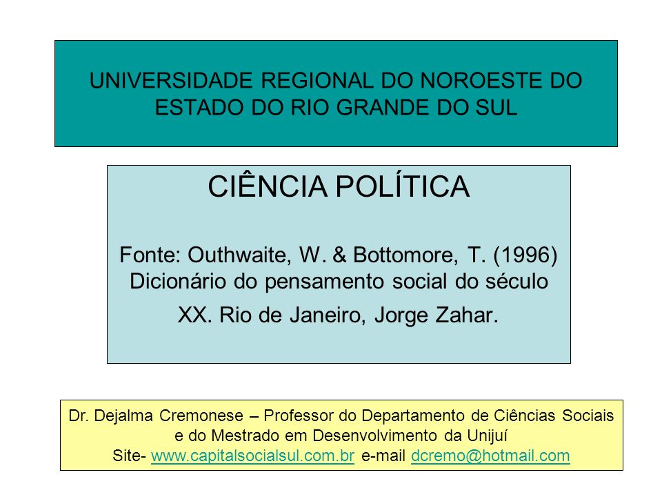 UNIVERSIDADE REGIONAL DO NOROESTE DO ESTADO DO RIO GRANDE DO SUL CIÊNCIA POLÍTICA Fonte: Outhwaite, W.