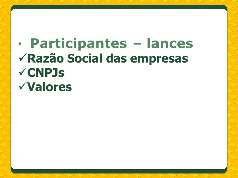 Participantes – lances Razão Social das empresas CNPJs Valores