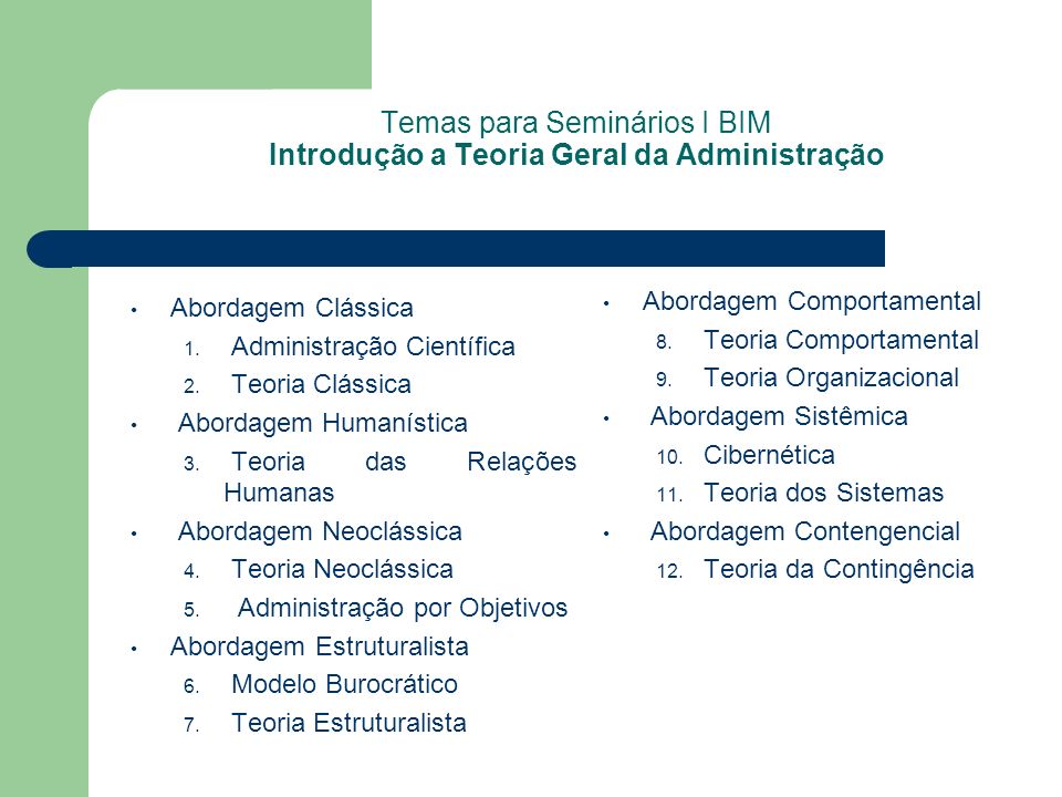 Temas para Seminários I BIM Introdução a Teoria Geral da Administração Abordagem Clássica 1.
