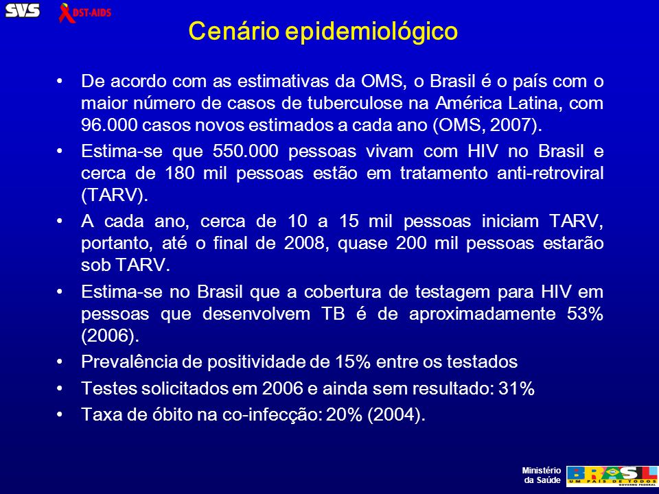 Ministério da Saúde Cenário epidemiológico De acordo com as estimativas da OMS, o Brasil é o país com o maior número de casos de tuberculose na América Latina, com casos novos estimados a cada ano (OMS, 2007).