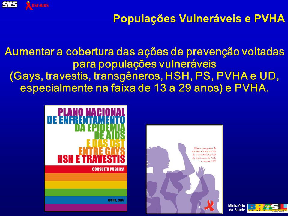 Ministério da Saúde Aumentar a cobertura das ações de prevenção voltadas para populações vulneráveis (Gays, travestis, transgêneros, HSH, PS, PVHA e UD, especialmente na faixa de 13 a 29 anos) e PVHA.