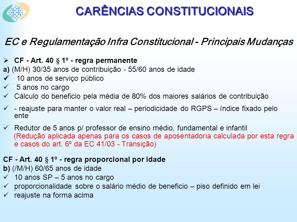 CARÊNCIAS CONSTITUCIONAIS EC e Regulamentação Infra Constitucional - Principais Mudanças CF - Art.