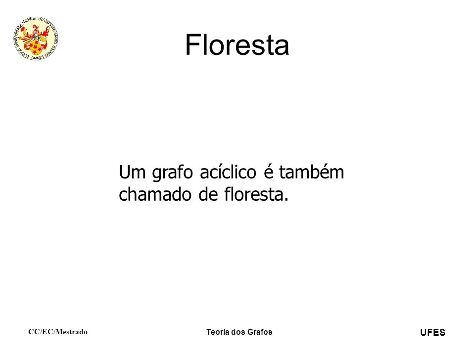 UFES CC/EC/Mestrado Teoria dos Grafos Floresta Um grafo acíclico é também chamado de floresta.