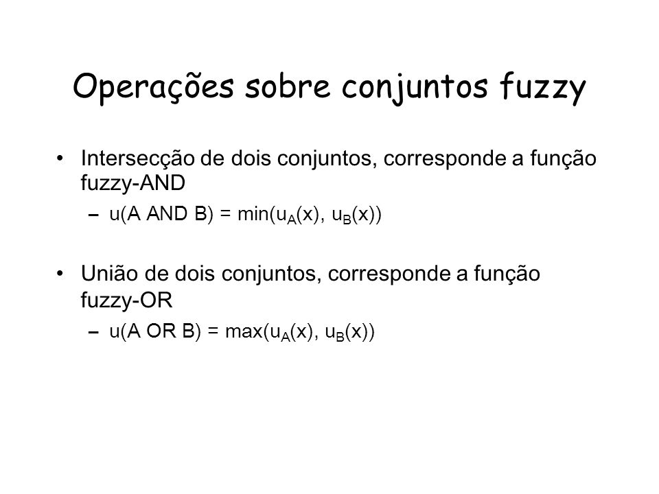 Operações sobre conjuntos fuzzy Intersecção de dois conjuntos, corresponde a função fuzzy-AND –u(A AND B) = min(u A (x), u B (x)) União de dois conjuntos, corresponde a função fuzzy-OR –u(A OR B) = max(u A (x), u B (x))