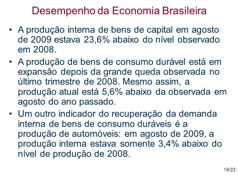 19/23 Desempenho da Economia Brasileira A produção interna de bens de capital em agosto de 2009 estava 23,6% abaixo do nível observado em 2008.