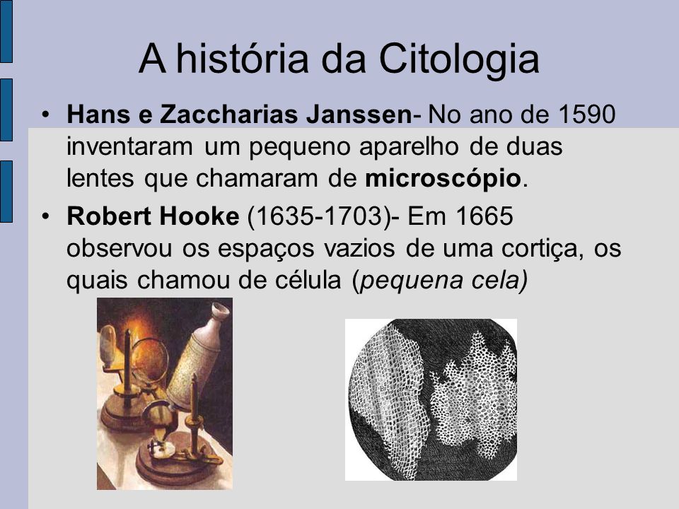 A história da Citologia Hans e Zaccharias Janssen- No ano de 1590 inventaram um pequeno aparelho de duas lentes que chamaram de microscópio.