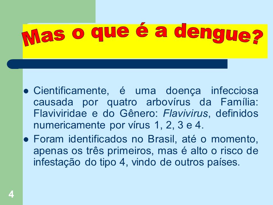 4 Cientificamente, é uma doença infecciosa causada por quatro arbovírus da Família: Flaviviridae e do Gênero: Flavivirus, definidos numericamente por vírus 1, 2, 3 e 4.