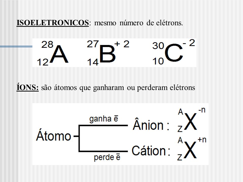 ISOELETRONICOS: mesmo número de elétrons. ÍONS: são átomos que ganharam ou perderam elétrons