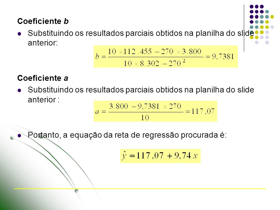 Coeficiente b Substituindo os resultados parciais obtidos na planilha do slide anterior: Coeficiente a Substituindo os resultados parciais obtidos na planilha do slide anterior : Portanto, a equação da reta de regressão procurada é: