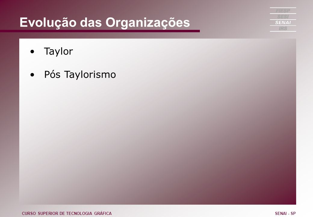 Evolução das Organizações Taylor Pós Taylorismo CURSO SUPERIOR DE TECNOLOGIA GRÁFICASENAI - SP