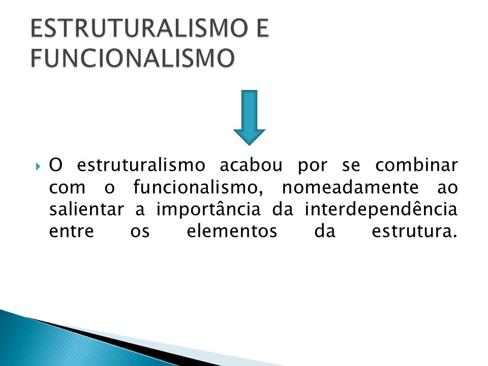 O estruturalismo acabou por se combinar com o funcionalismo, nomeadamente ao salientar a importância da interdependência entre os elementos da estrutura.