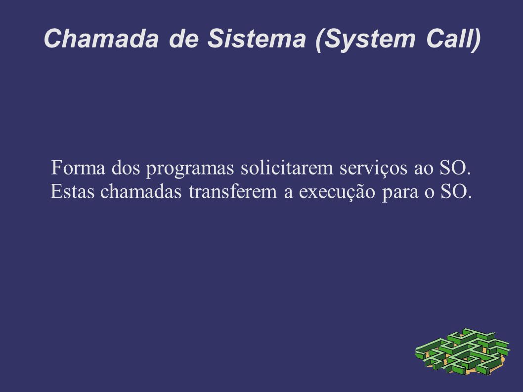 Chamada de Sistema (System Call) Forma dos programas solicitarem serviços ao SO.