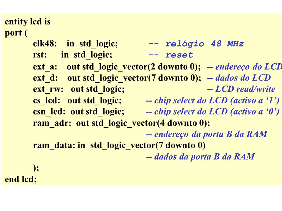entity lcd is port ( clk48: in std_logic; -- relógio 48 MHz rst: in std_logic; -- reset ext_a: out std_logic_vector(2 downto 0); -- endereço do LCD ext_d: out std_logic_vector(7 downto 0); -- dados do LCD ext_rw: out std_logic; -- LCD read/write cs_lcd: out std_logic;-- chip select do LCD (activo a 1) csn_lcd: out std_logic;-- chip select do LCD (activo a 0) ram_adr: out std_logic_vector(4 downto 0); -- endereço da porta B da RAM ram_data: in std_logic_vector(7 downto 0) -- dados da porta B da RAM ); end lcd;