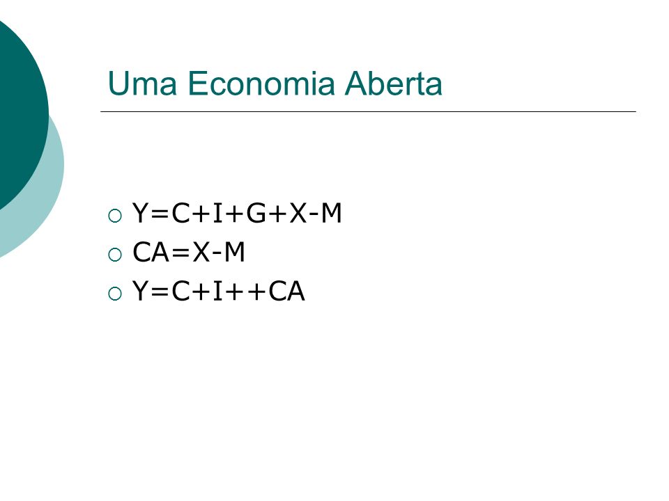 Uma Economia Aberta Y=C+I+G+X-M CA=X-M Y=C+I++CA