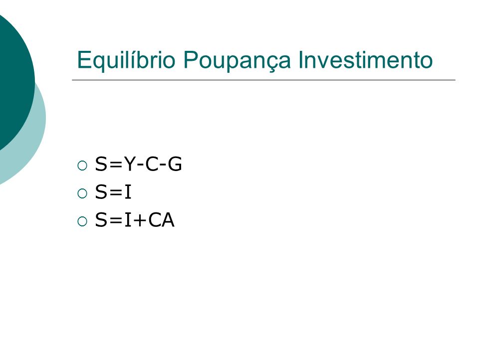 Equilíbrio Poupança Investimento S=Y-C-G S=I S=I+CA