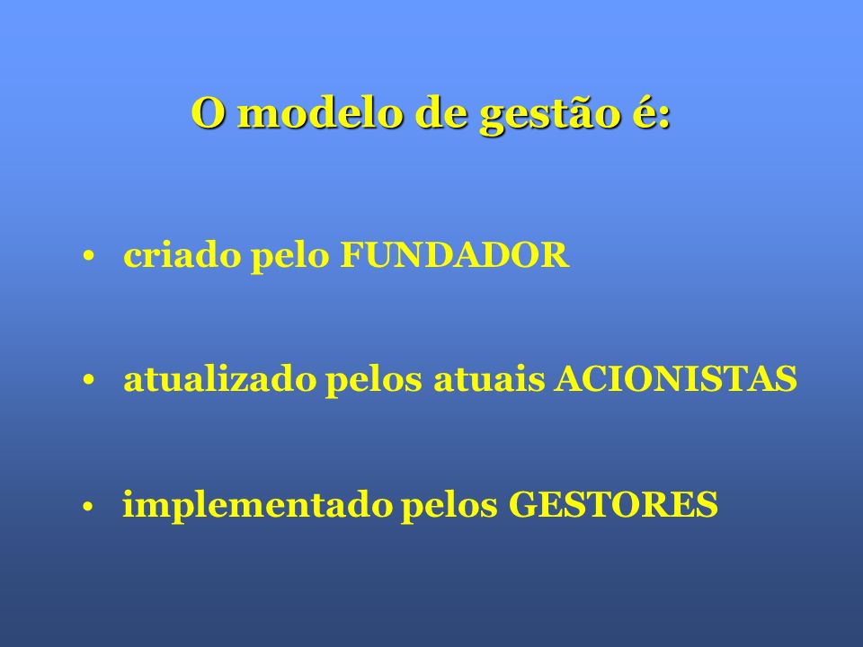 criado pelo FUNDADOR O modelo de gestão é: atualizado pelos atuais ACIONISTAS implementado pelos GESTORES