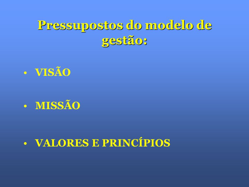 Pressupostos do modelo de gestão: VISÃO MISSÃO VALORES E PRINCÍPIOS
