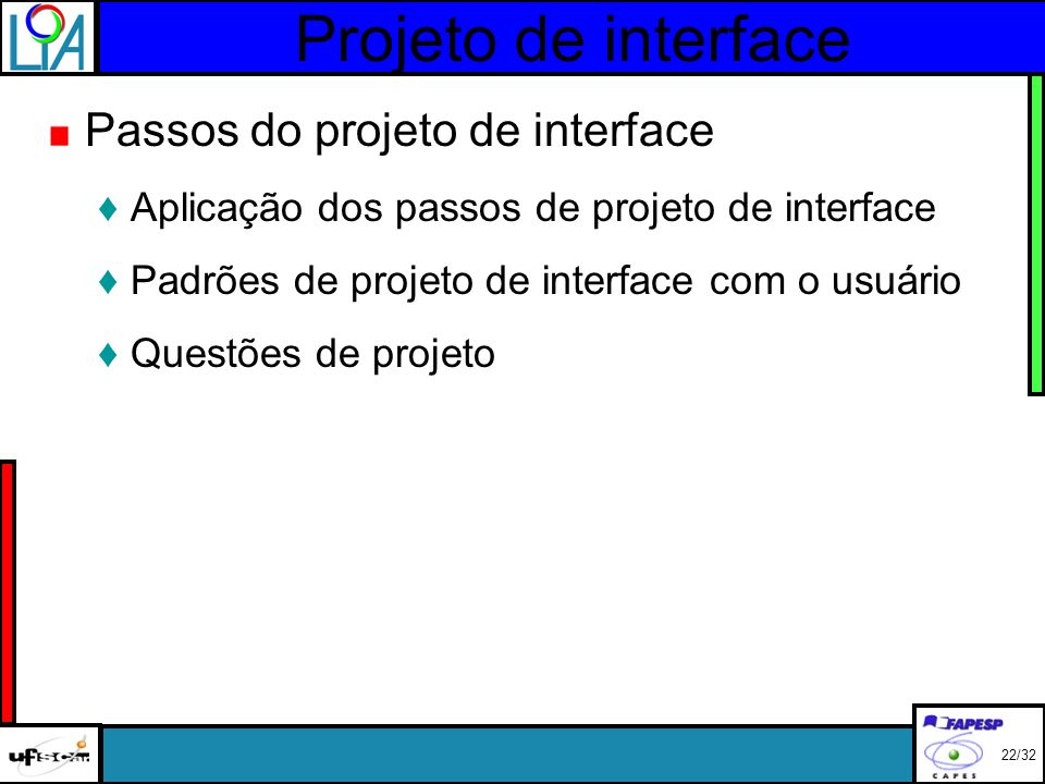 Projeto de interface Passos do projeto de interface Aplicação dos passos de projeto de interface Padrões de projeto de interface com o usuário Questões de projeto 22/32