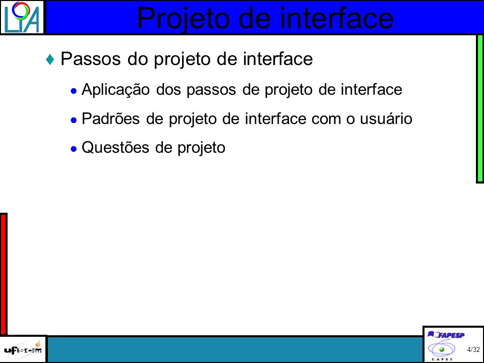 Projeto de interface Passos do projeto de interface Aplicação dos passos de projeto de interface Padrões de projeto de interface com o usuário Questões de projeto 4/32