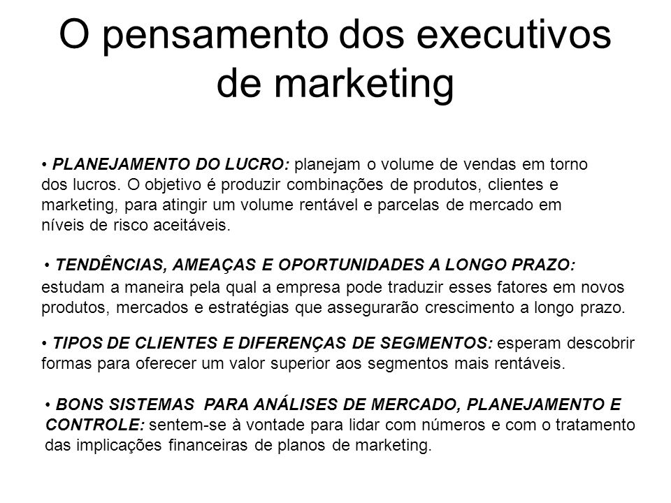 O pensamento dos executivos de marketing PLANEJAMENTO DO LUCRO: planejam o volume de vendas em torno dos lucros.