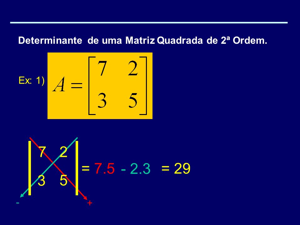 Determinante de uma Matriz Quadrada de 2ª Ordem. Ex: 1) = = 29