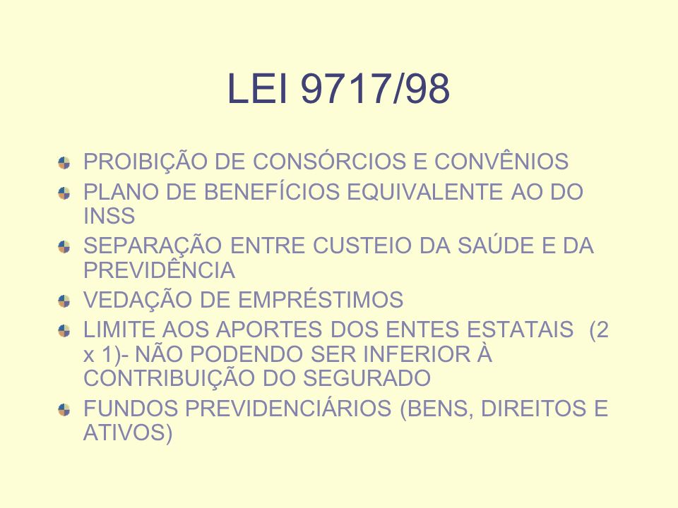 LEI 9717/98 PROIBIÇÃO DE CONSÓRCIOS E CONVÊNIOS PLANO DE BENEFÍCIOS EQUIVALENTE AO DO INSS SEPARAÇÃO ENTRE CUSTEIO DA SAÚDE E DA PREVIDÊNCIA VEDAÇÃO DE EMPRÉSTIMOS LIMITE AOS APORTES DOS ENTES ESTATAIS (2 x 1)- NÃO PODENDO SER INFERIOR À CONTRIBUIÇÃO DO SEGURADO FUNDOS PREVIDENCIÁRIOS (BENS, DIREITOS E ATIVOS)