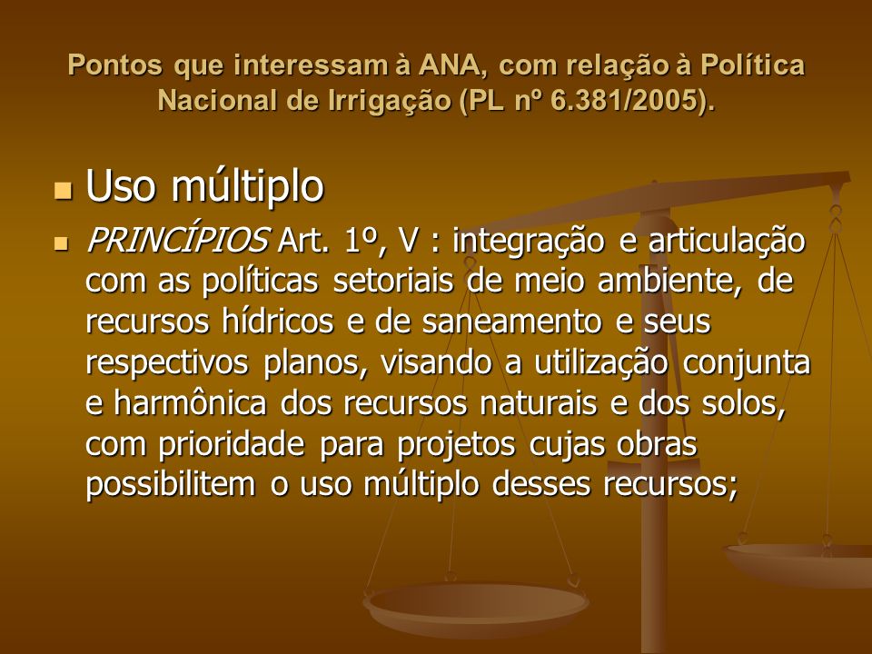 Pontos que interessam à ANA, com relação à Política Nacional de Irrigação (PL nº 6.381/2005).