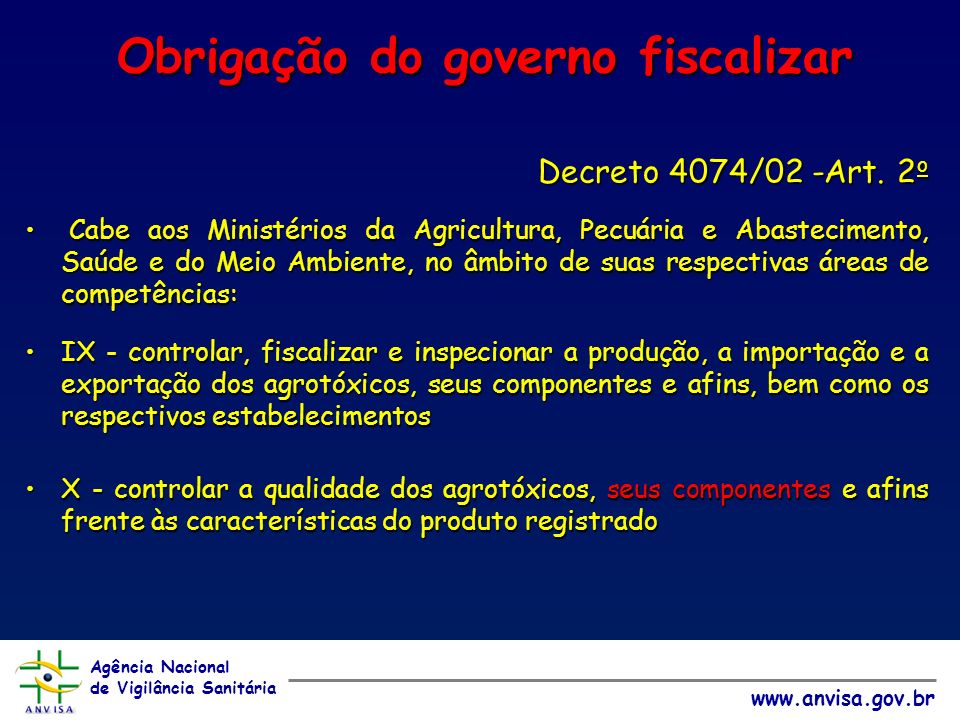 Agência Nacional de Vigilância Sanitária   Obrigação do governo fiscalizar Decreto 4074/02 -Art.