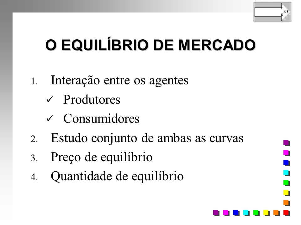 O EQUILÍBRIO DE MERCADO 1. Interação entre os agentes Produtores Consumidores 2.