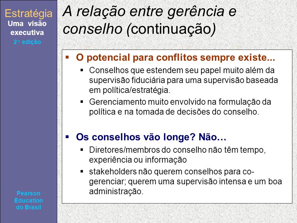 Estratégia Uma visão executiva Pearson Education do Brasil 2ª edição A relação entre gerência e conselho (continuação) O potencial para conflitos sempre existe...
