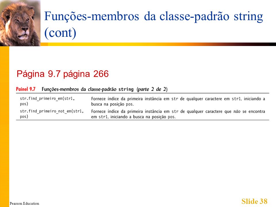 Pearson Education Slide 38 Funções-membros da classe-padrão string (cont) Página 9.7 página 266