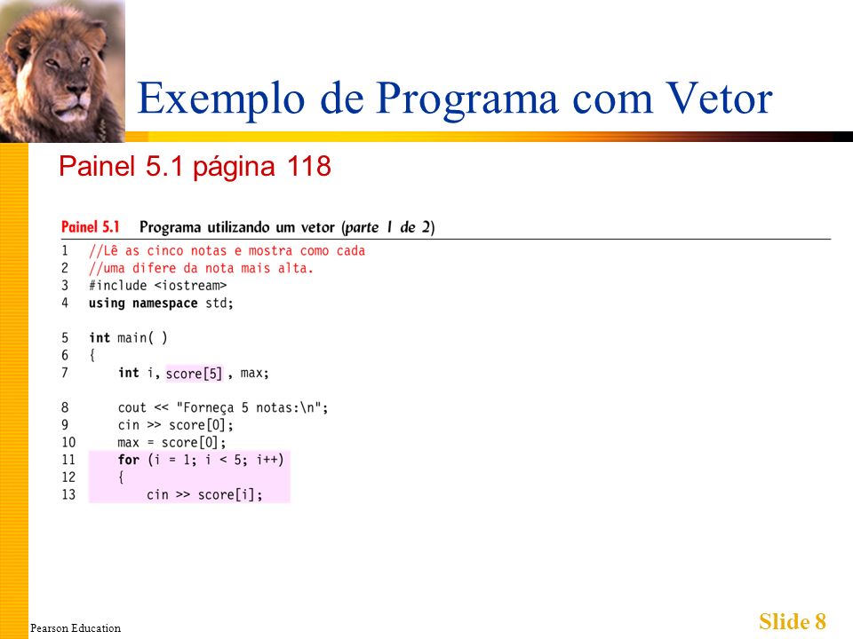 Pearson Education Slide 8 Exemplo de Programa com Vetor Painel 5.1 página 118