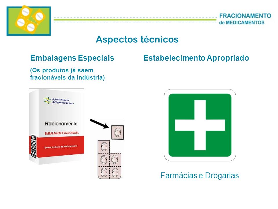 Aspectos técnicos Embalagens Especiais (Os produtos já saem fracionáveis da indústria) Estabelecimento Apropriado Farmácias e Drogarias