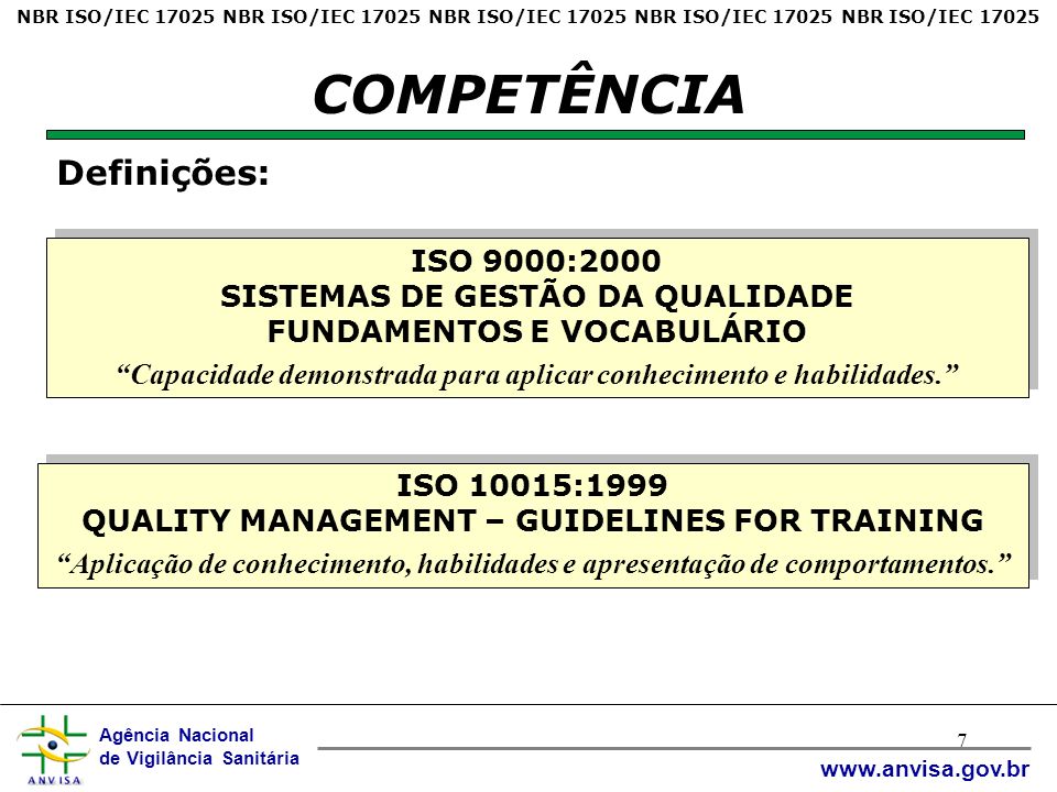 Agência Nacional de Vigilância Sanitária   7 COMPETÊNCIA ISO 9000:2000 SISTEMAS DE GESTÃO DA QUALIDADE FUNDAMENTOS E VOCABULÁRIO Capacidade demonstrada para aplicar conhecimento e habilidades.