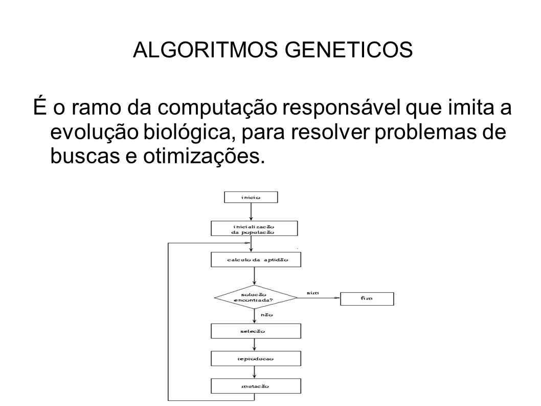 ALGORITMOS GENETICOS É o ramo da computação responsável que imita a evolução biológica, para resolver problemas de buscas e otimizações.