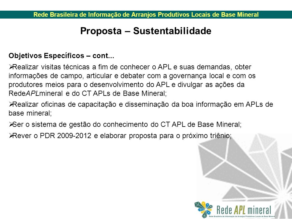 Rede Brasileira de Informação de Arranjos Produtivos Locais de Base Mineral Objetivos Específicos – cont...