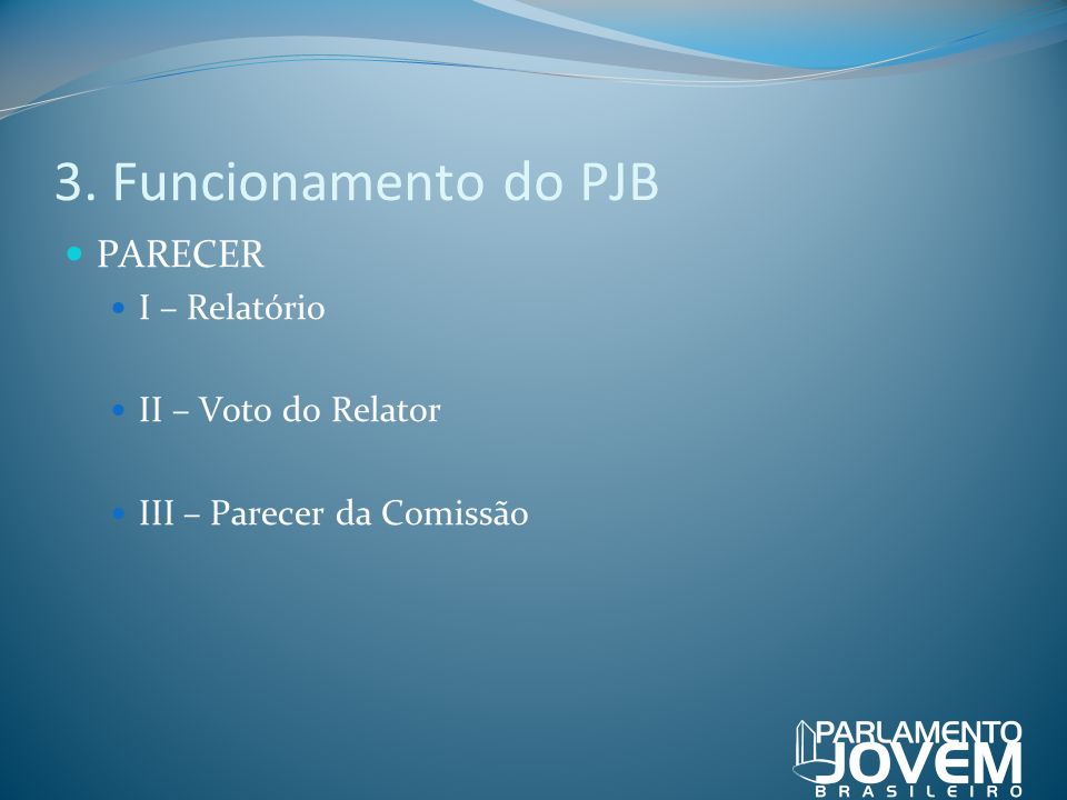 3. Funcionamento do PJB PARECER I – Relatório II – Voto do Relator III – Parecer da Comissão