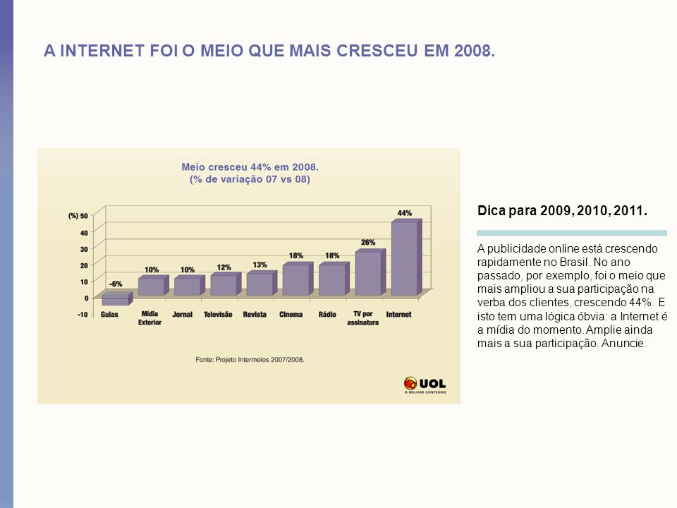 A INTERNET FOI O MEIO QUE MAIS CRESCEU EM Dica para 2009, 2010,