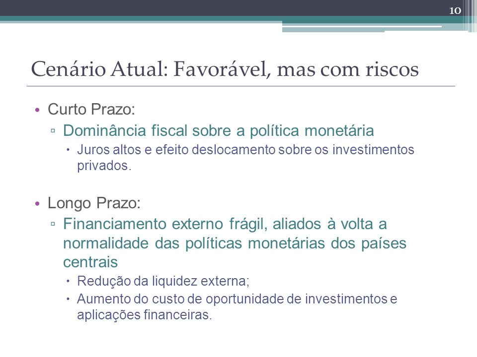 Curto Prazo: Dominância fiscal sobre a política monetária Juros altos e efeito deslocamento sobre os investimentos privados.