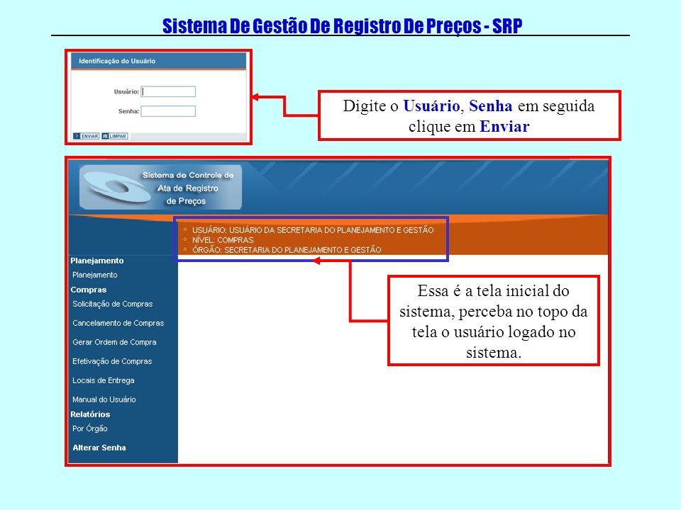 Sistema De Gestão De Registro De Preços - SRP Digite o Usuário, Senha em seguida clique em Enviar Essa é a tela inicial do sistema, perceba no topo da tela o usuário logado no sistema.