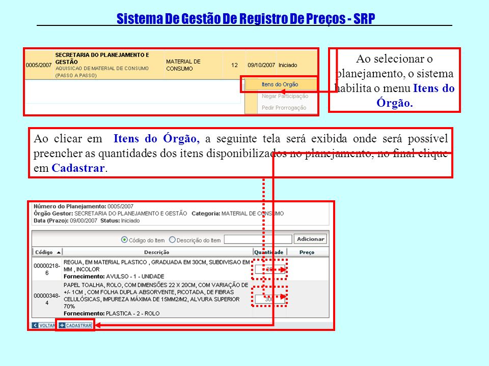 Sistema De Gestão De Registro De Preços - SRP Ao selecionar o planejamento, o sistema habilita o menu Itens do Órgão.